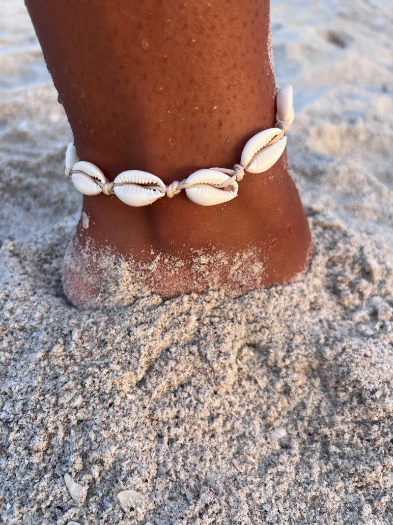 TAN CORD/COWRY SHELL ANKLET